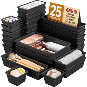 25-Piece Plastic Drawer Organizer Set, Vanity Organizer in 4 Sizes, Makeup and Desk Drawer Organizer Trays, Organization and Storage for Makeup, Bathroom, Kitchen Utensils, and Office (Black)