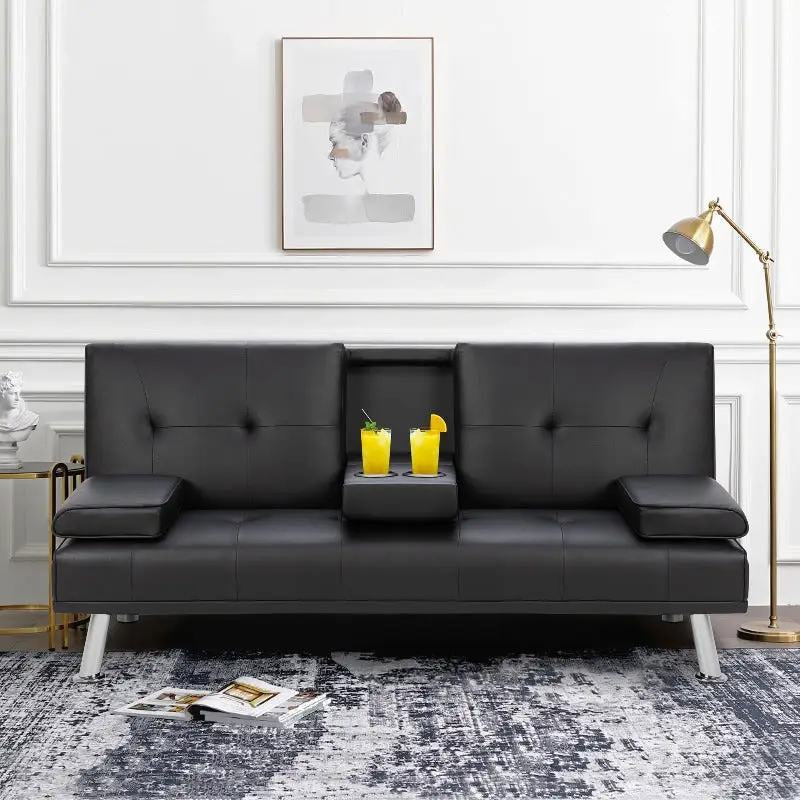Walsunny Modern Convertible Sofa Bed 2 Cup Holder, Modern Lazy Futon Recliner Sleeper with Removable Armrest, wayfair new couch for Living Room, Black
