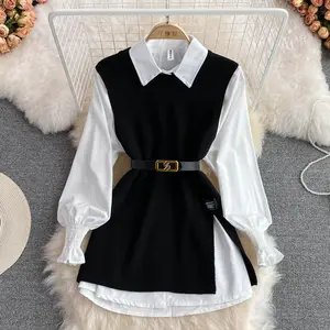 2024 Spring Autumn Long Sleeve Set White Shirt Sweater Vest Age Reducing Loose Knitted Vest Shirt Two-piece Set Women's Casual Fitted Tops with Colorblock Pattern