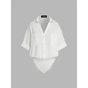 Cider [3 colors, size 2-26] Collar Solid Short Sleeve Blouse Bodysuit