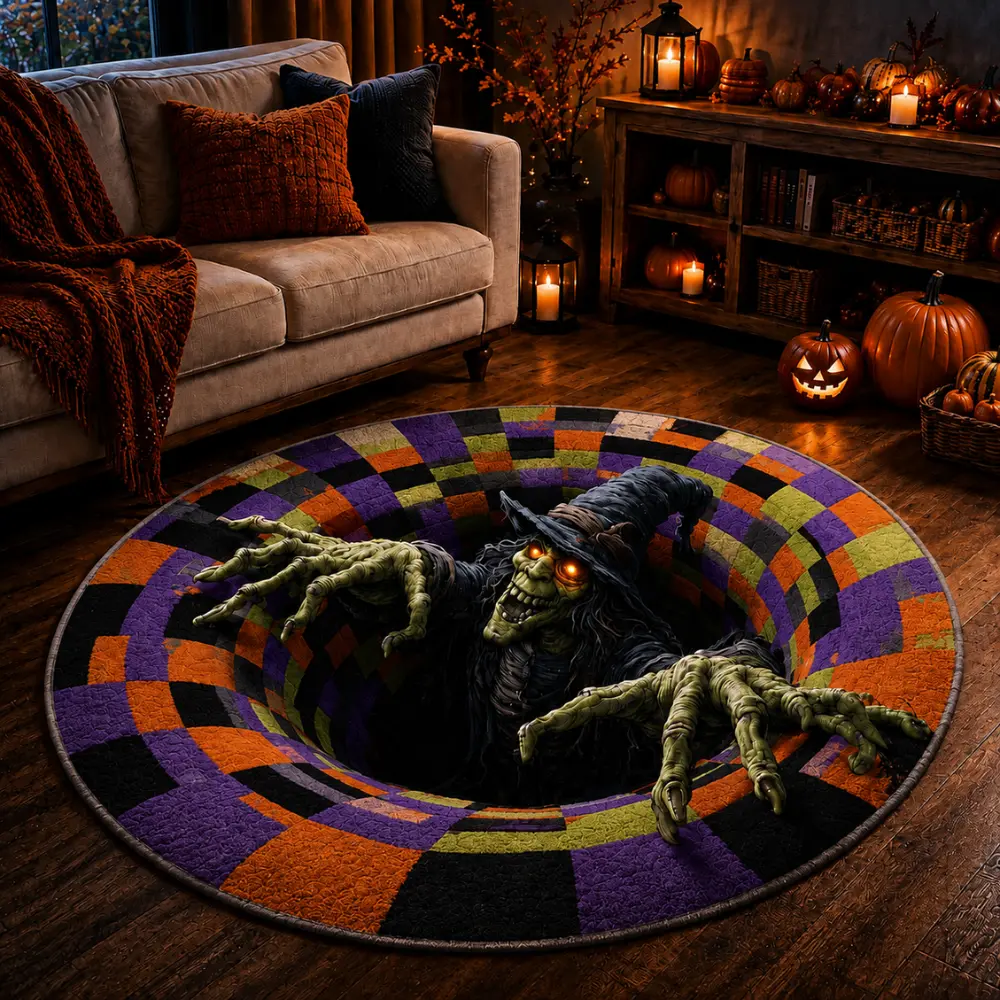 KinLoca 3D Halloween Abyss Round Rug, Quilted Pumpkin and Ghost Illusion Floor Mat, Soft Non-Slip Decorative Area Rug for Living Room, Bedroom and Halloween Party Decor