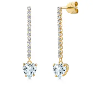 Gem Stone King 14K Yellow Gold Gemstone Birthstone and Lab Grown Diamond Long Liner Dangle Earrings for Women | Heart Shape 6MM and Round 1.5MM | Yellow Gold Chain Drop Earrings