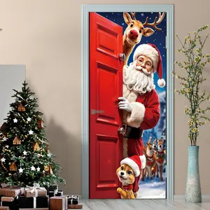 Creative 3D Christmas Design Door Hanger, 2 Counts/set Santa Claus & Reindeer & Dog Pattern Door Decoration, Self-adhesive Detachable Wallpaper for Home Decor