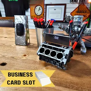 Unique Resin Engine Cylinder Block Desk Organizer - Business Card Holder & Pen Stand, Perfect Gift for Car Enthusiasts and Mechanics, Artistic Home Decor