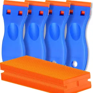 4 Pcs Plastic Razor Blade Scraper and 100 Pcs Blades, Remove Label Decal Tool， Forwithout Scratches Plastic Razor Blade Scraper, Adhesive Remover for Stickers, Gaskets and Paints on Window Car Glass