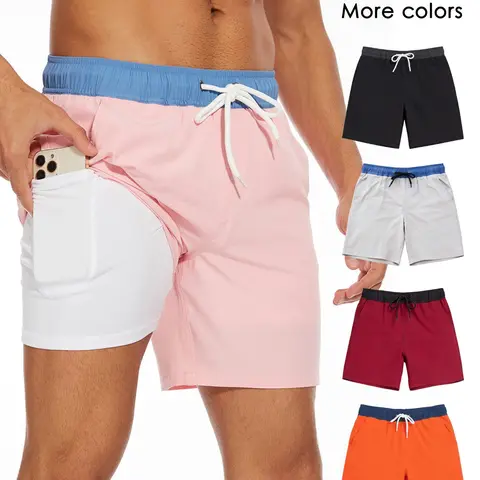 2 in 1 Men's 7 Inch Swim Shorts with Compression Liner, Quick Dry Beach Swimwear with Drawstring & Pockets for Holiday Use, Swimming Trunks, Swim Board Shorts, Summer Swim Trunks, Swimsuit Shorts, Swim Bottoms