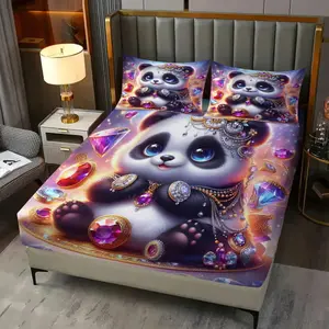 Warm Winter Panda Fitted Sheet Set, Bed Sheets, 3 Pcs Includes 1 Fitted Sheet + 2 Pillowcases No Filler Panda Scarf Elements Soft Non-Slip Wear-Resistant Ideal for Families, Gift Recipients Fits Bedrooms, Apartments