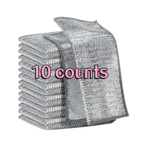 10 Counts Non Scratch Wire Dishcloth, Multipurpose Wire Dishwashing Rag for Wet and Dry, Multifunctional Dish Rags for Washing Dishes, Reusable Steel Wool Scrubber for Kitchen Cleaning