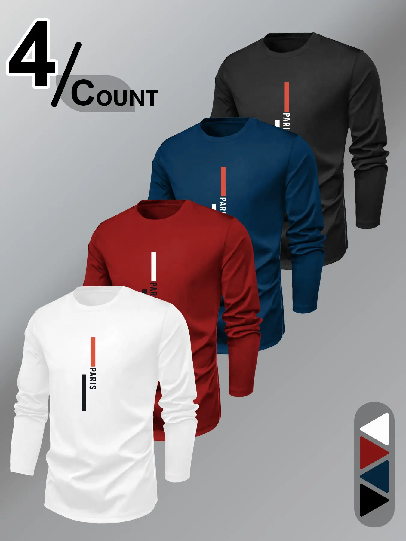 City Style Four-Piece Set, Paris Print Casual Long Sleeve Crewneck Knitwear T-Shirt, Trendy Multi-Color Combo Pack, Fall Fashion, Fitted Fit