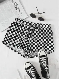 Women's Checkerboard Print Adjustable Drawstring Waist Shorts, Checkered Shorts, Chic Casual Style Pocket Shorts for Summer, Loose-Fitting Summer Bottoms for Daily Wear