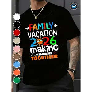 Family Vacation 2026 Commemorative T-Shirt with Colorful Text and Sun Pattern, Family Trip Souvenir, Shipped Locally, 100% Cotton, Comfortable and Casual Style, Men's Plain T-Shirt, Fun, Men's Shirt T-Shirt, Gift for Dad on Holidays