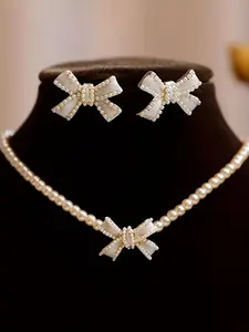 ZZHS Faux Pearl Decorated Bowknot Design Necklace & Earrings, Fashion Jewelry for Party, Daily Clothing Decor, Trendy All-match & Exquisite Jewelry for Birthday Gift