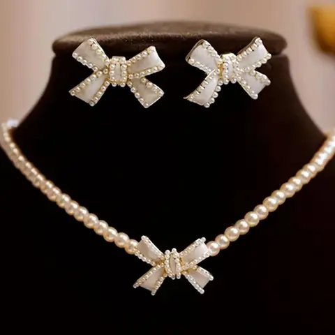 Faux Pearl Decorated Bowknot Design Necklace & Earrings, Fashion Jewelry for Party, Daily Clothing Decor, Fashionable Jewelry Set, Trendy All-match & Exquisite Jewelry for Birthday Gift, Elegant Matching Jewelry Set