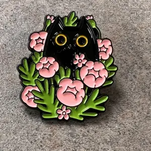 Flowery Black Cat Enamel Pin