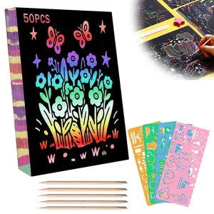 Children's Rainbow Scratch Art 50-Sheet Set Includes 5 Bamboo Pens & 4 Templates Creative DIY Craft Gift for Kids Birthday & Christmas Gift for Children