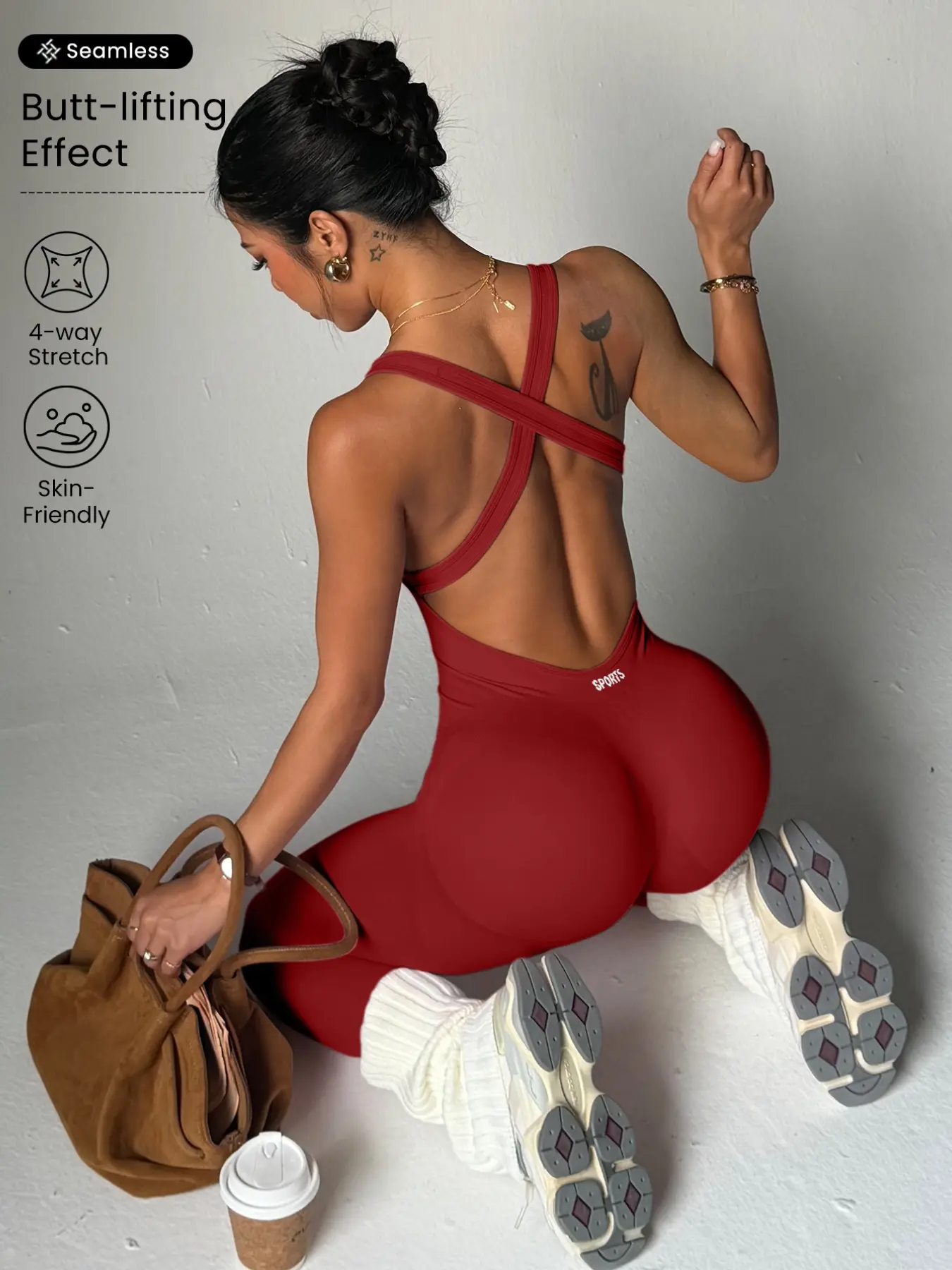 Women's Letter Print U Neck Backless Sports Tank Jumpsuit, Casual Sporty Sleeveless Jumpsuit for Yoga Gym Workout Running, Ladies Sportswear for All Seasons, Stretchable Activewear, Workout Fitness Jumpsuit, Yoga Workout Jumpsuits
