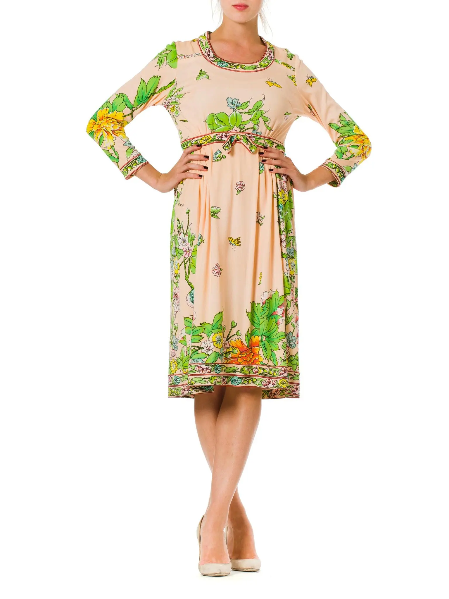 1960S Blush Pink Floral Polyester Jersey Long Sleeve Dress