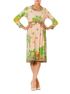 1960S Blush Pink Floral Polyester Jersey Long Sleeve Dress