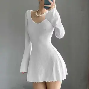 Women  Slim A-Line Dress, Solid Color Ribbed Long Sleeve V-Neck Slim Fit Mini Dress for Party, Beach��Women's Dress Clothing for Daily Wear Casual Polyester