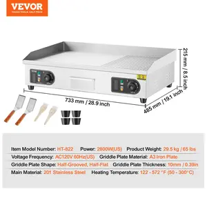 VEVOR Commercial Electric Griddle, 2800W Countertop Half-Flat Top Grill, 122-572 Adjustable Temp, 28.74x15.75x0.39in Stainless Steel Griddle Grill with 2 Shovels for Home or Restaurant (No Plug)