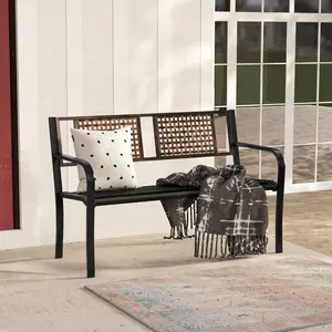 COSTWAY - 50 Inch Outdoor Metal Garden Bench with Rattan-Like Backrest for 2-3 People-Black