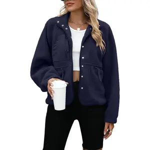 Womens Fleece Jacket Fuzzy Long Sleeve Short Winter Coats Button Down Sherpa Jacket Outerwear with Pockets