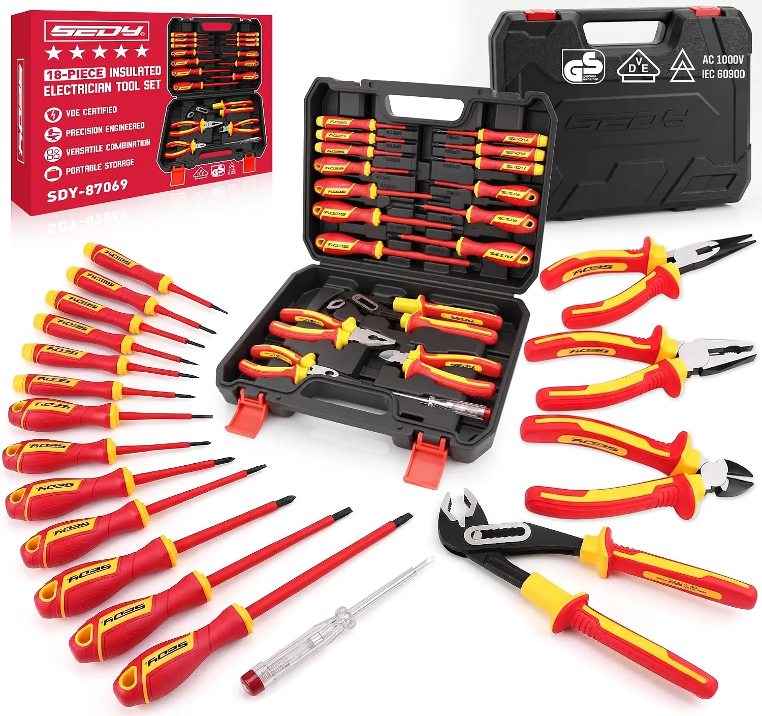 18-Piece Insulated Electrician Tool Set, VDE 1000V Insulated Screwdrivers, Voltage Tester, Long Nose, Diagonal Cutting and Water Pump Pliers for Electrical Work, Home Repair and Maintenance