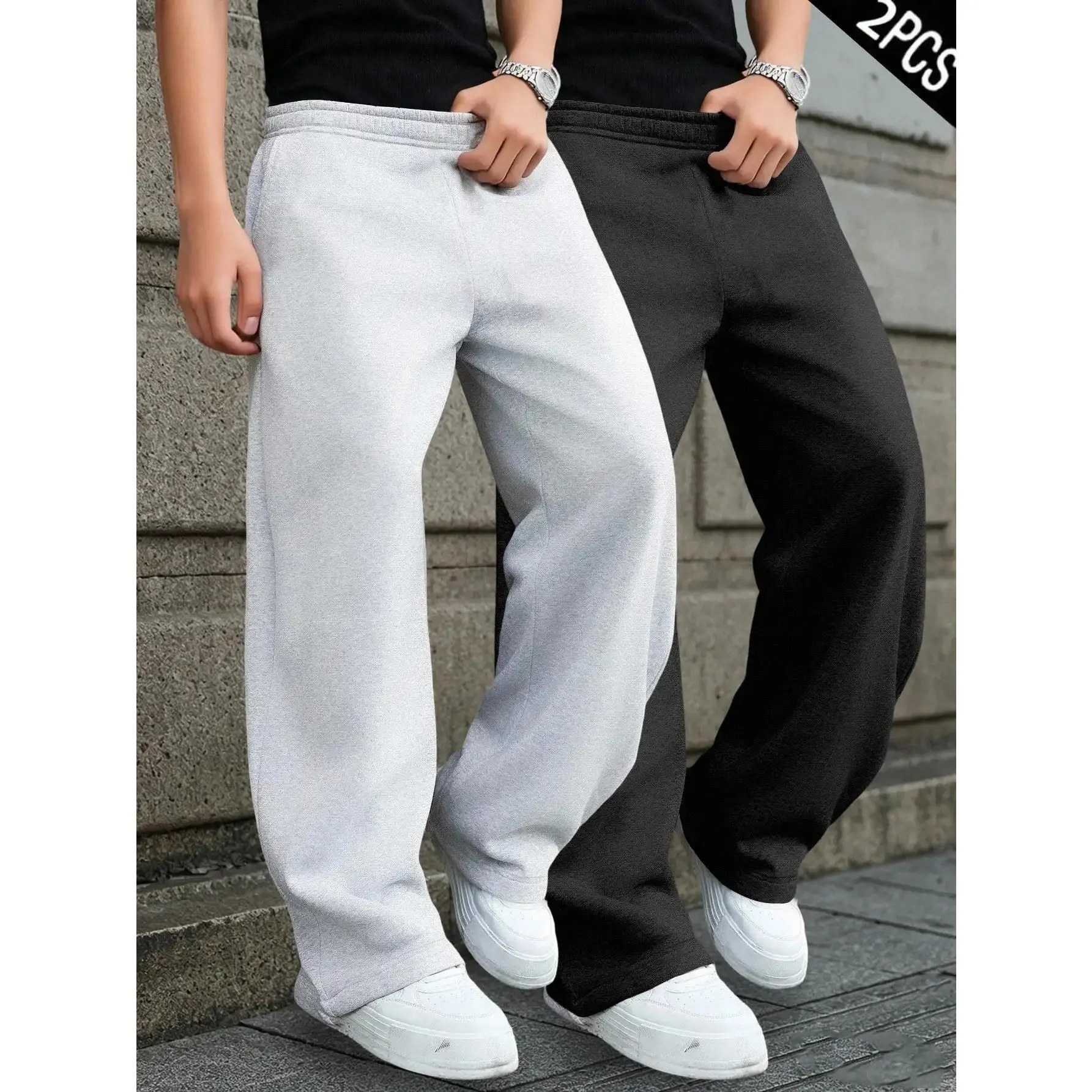 2PCS Boys/Teens Sweatpants Joggers Pants Casual Baggy Outdoor Street Pocket Straight Trousers Sports Pants Wide Leg Elastic Waist Pants Pull On Fleece Athletic Ages 8-16 Years