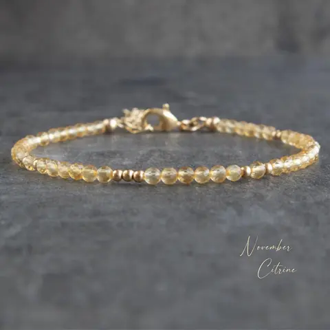 Women's Natural Citrine Stone Bracelet - 2mm Faceted Yellow Crystal Beaded Jewelry, Adjustable Fit Elastic Cord Bracelet/Anklet, Daily Wear Natural Stones Accessory