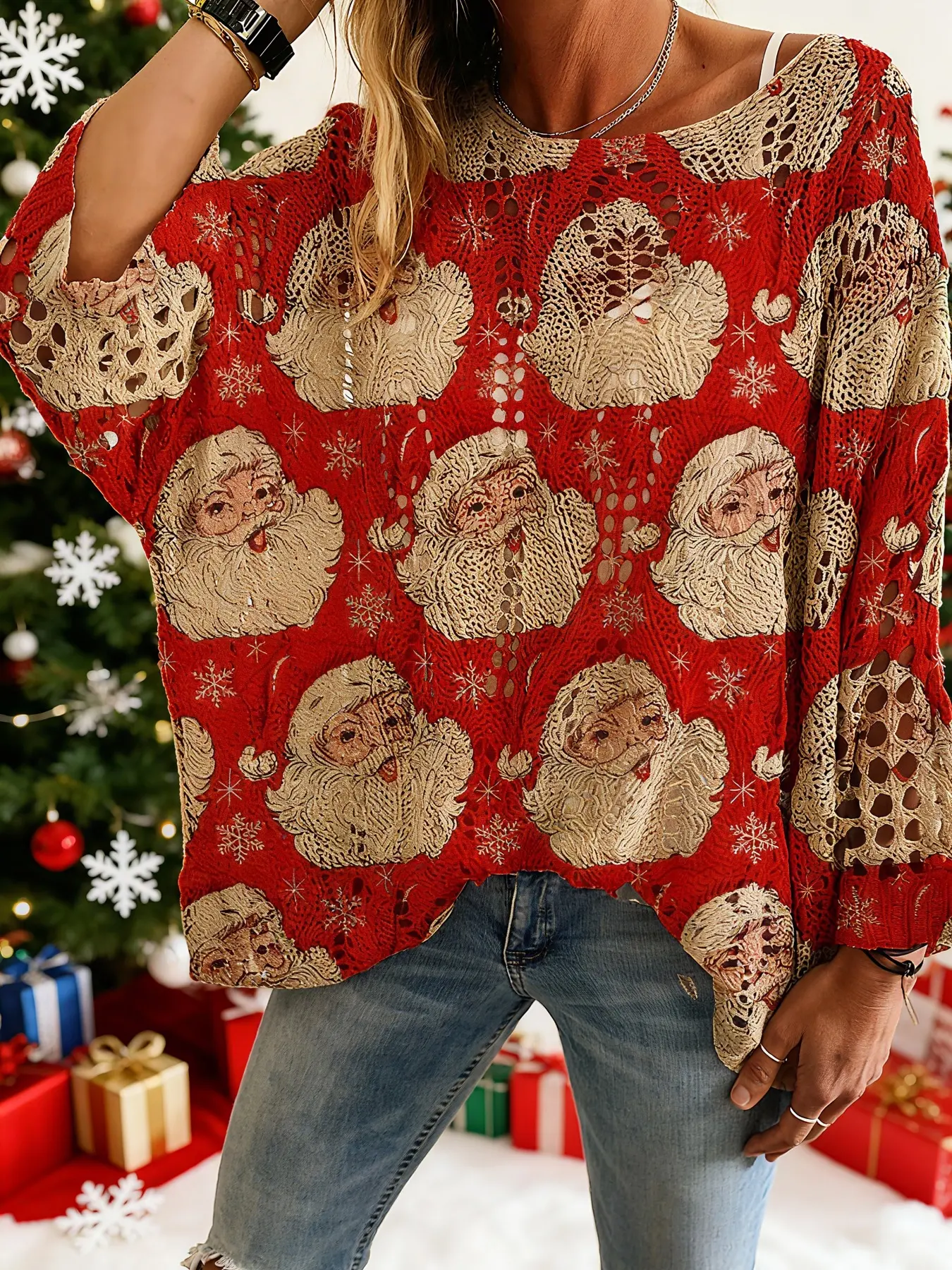 Women's Christmas Santa Print Knit Top, Long Sleeve Batwing V Neck Hollow Out Design, Casual Elegant Holiday Wear, Ladies Sweater Vest