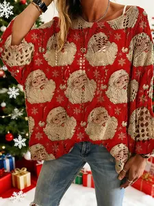 Women's Christmas Santa Print Knit Top, Long Sleeve Batwing V Neck Hollow Out Design, Casual Elegant Holiday Wear, Ladies Sweater Vest
