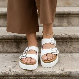 Men and Women Arch Support Slides Sandals Adjustable Cork Footbed Platform PU Slides, Summer Casual Open Toe Beach Slippers Flatform Footwear Walking Shoes