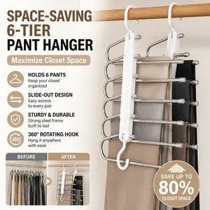 6 Tier Anti-Slip Pants Hangers, Space Saving Closet Organizer Rack for Heavy Jeans, Multifunctional Trouser Storage Apartment Essentials tiktokshopspringglowup