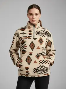 Women's Faux Lamb Fur Ethnic Print Quarter Zip Sporty Pullover Sweater, Casual Vintage Style for Office Ladies & Students, Daily Campus Wear