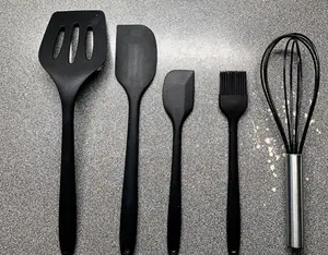 HEAT RESISTANT (446° F) SILICONE COOKING UTENSILS SET for cooking and baking WHISK and PASTRY BRUSH included 5pcs silicone spatula set DISHWASHER SAFE BPA Free, flexible and durable silicone Bakeware Kitchen