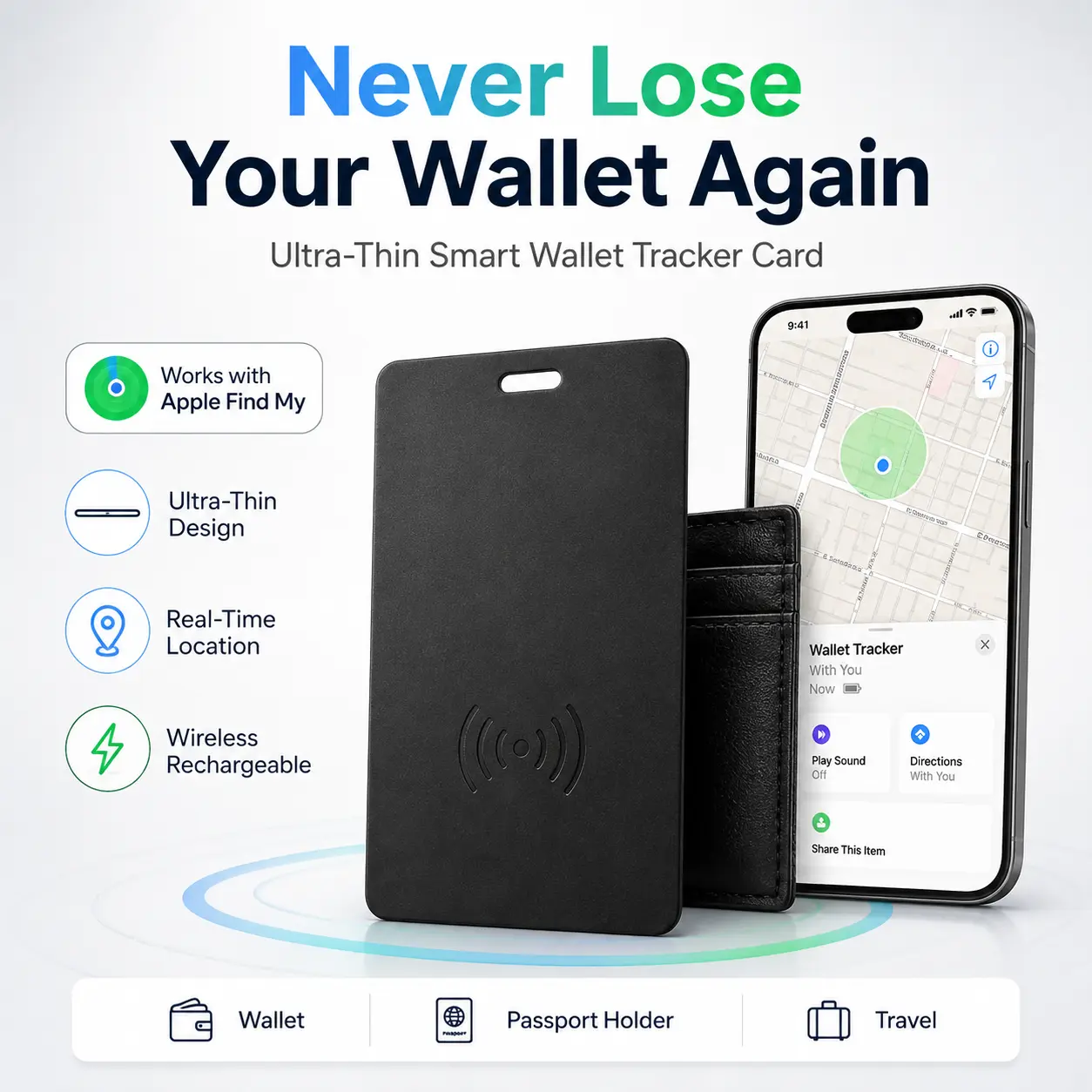 Smart Wallet Tracker Card for Apple Find My, Ultra-Thin Rechargeable Item Locator, Anti-Lost Tracking Card for Wallet, Luggage, Passport Holder, Travel Essentials, iOS Only