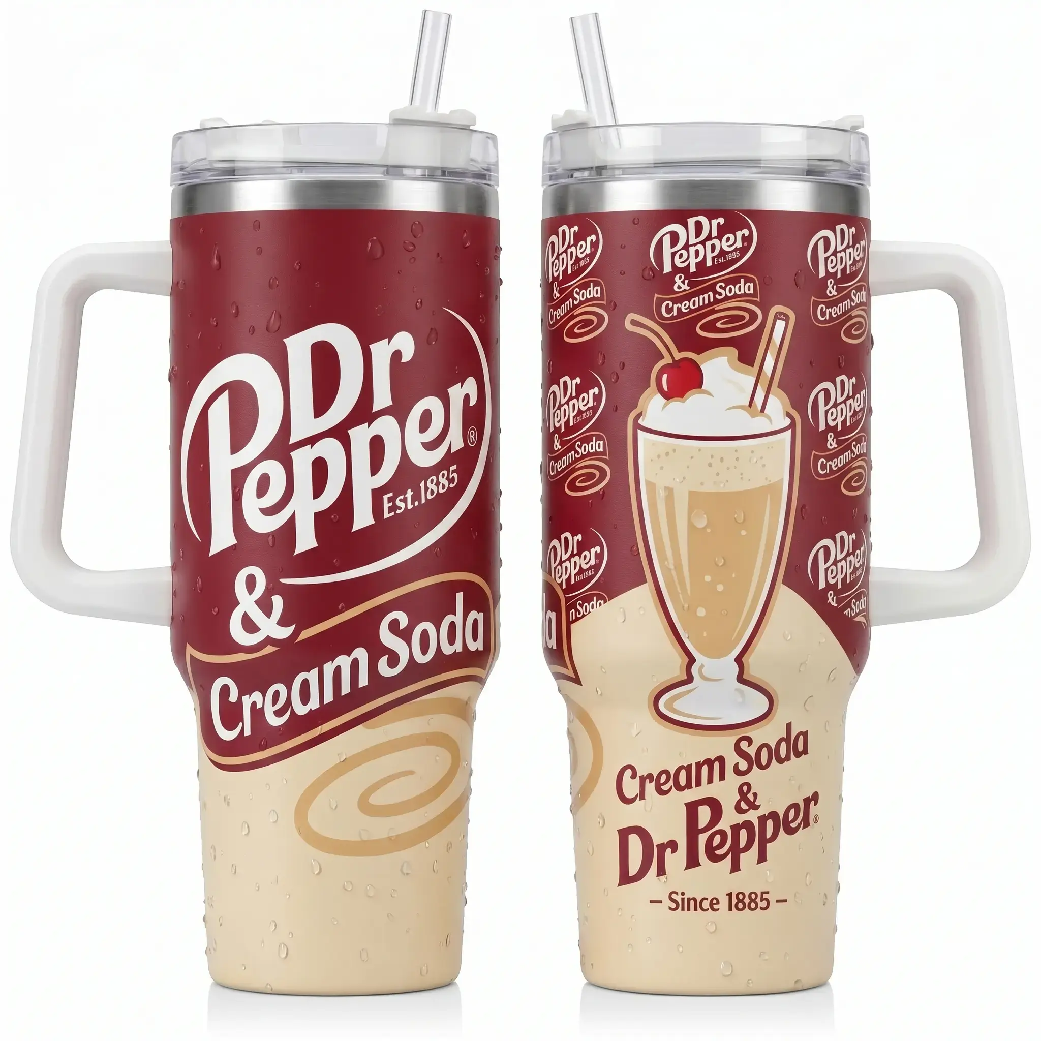 Cream Soda 40oz Tumbler with Handle & Straw, Portable Water Bottle, Nostalgic Birthday Gift for Women & Teachers, Cute Drinkware for School Commute