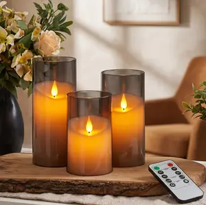 3PCS Gray Flickering Flameless Candles Battery Operated Acrylic LED Pillar Candles with Remote Control Timer Halloween Decor Set of 3 Realistic Effects Unbreakable Shells