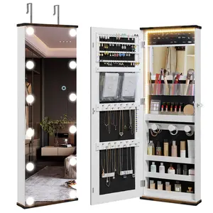 FREDEES Lockable Over-the-Door Jewelry Cabinet, LED-Lit Hanging Armoire Organizer with Full-Length Mirror (Full Body Mirror) for Women