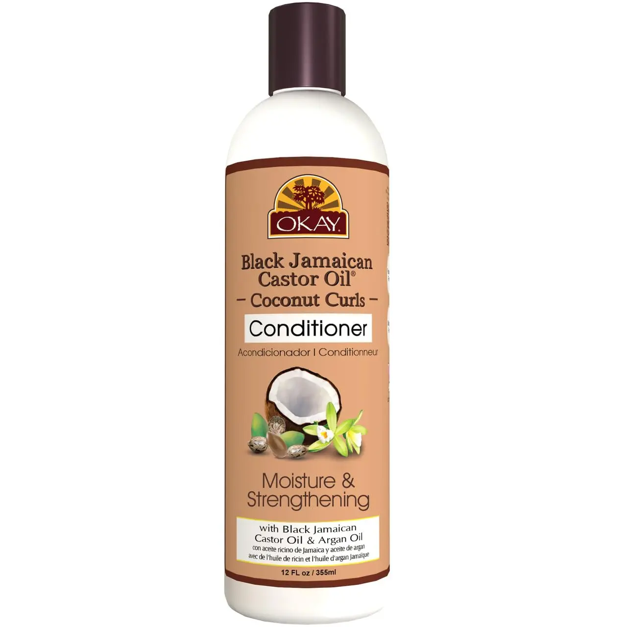 OKAY Black Jamaican Castor Oil & Coconut Curls Hair Growth Conditioner - 12 oz/355 ml, Hydrating Ammonia-Free Anti-Dandruff Moisturizer with Argan Oil for Dry Curls Restoration, Anti Dandruff Conditioner