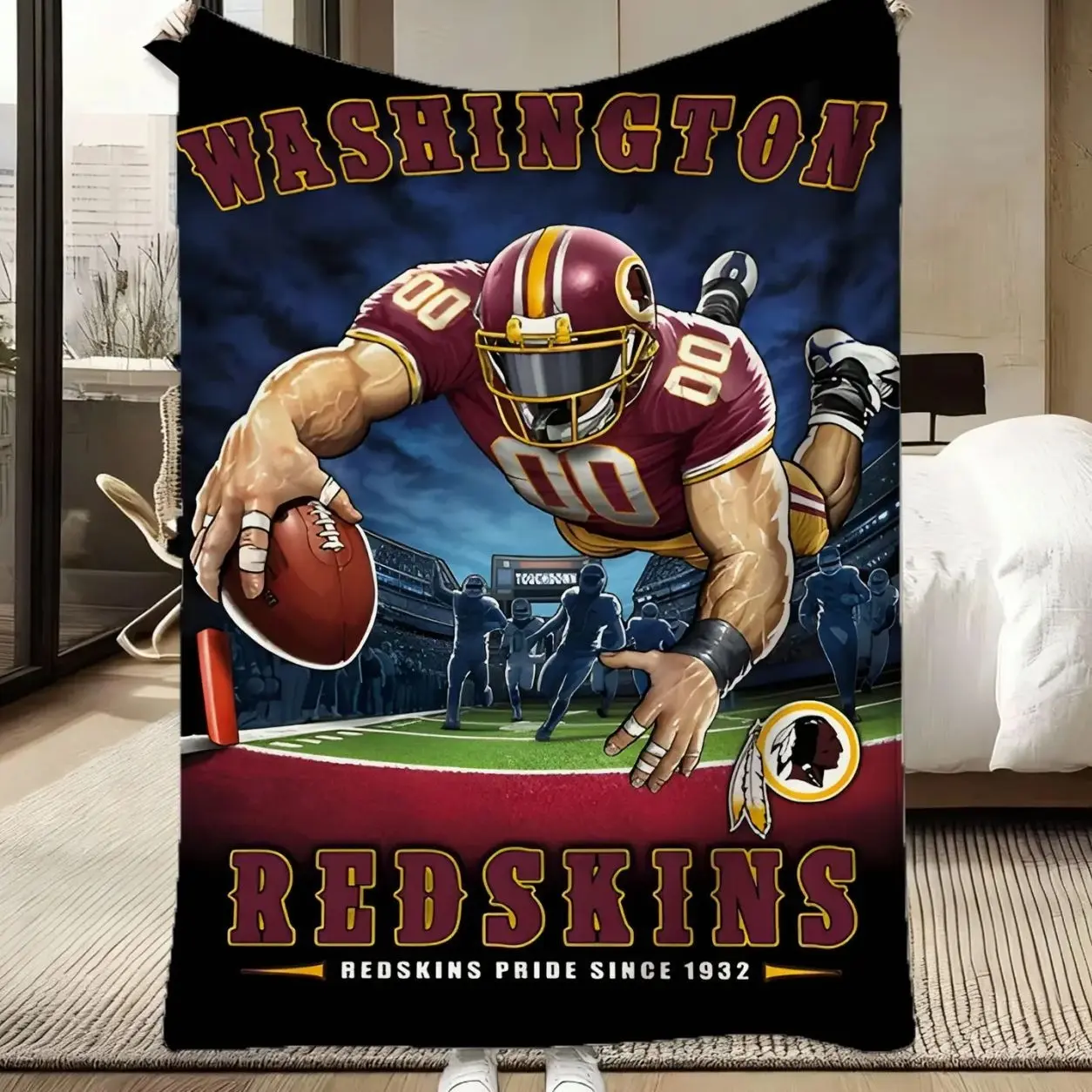 Washington Football Retro Flannel Blanket, Vintage Red Gold Team Inspired Throw Blanket, Soft Cozy Man Cave Sports Decor