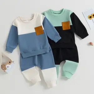 Toddler Baby Boy Fall Winter Clothes Color Block Long Sleeve Sweatshirt Pullover Tops + Joggers Pants Outfit Set