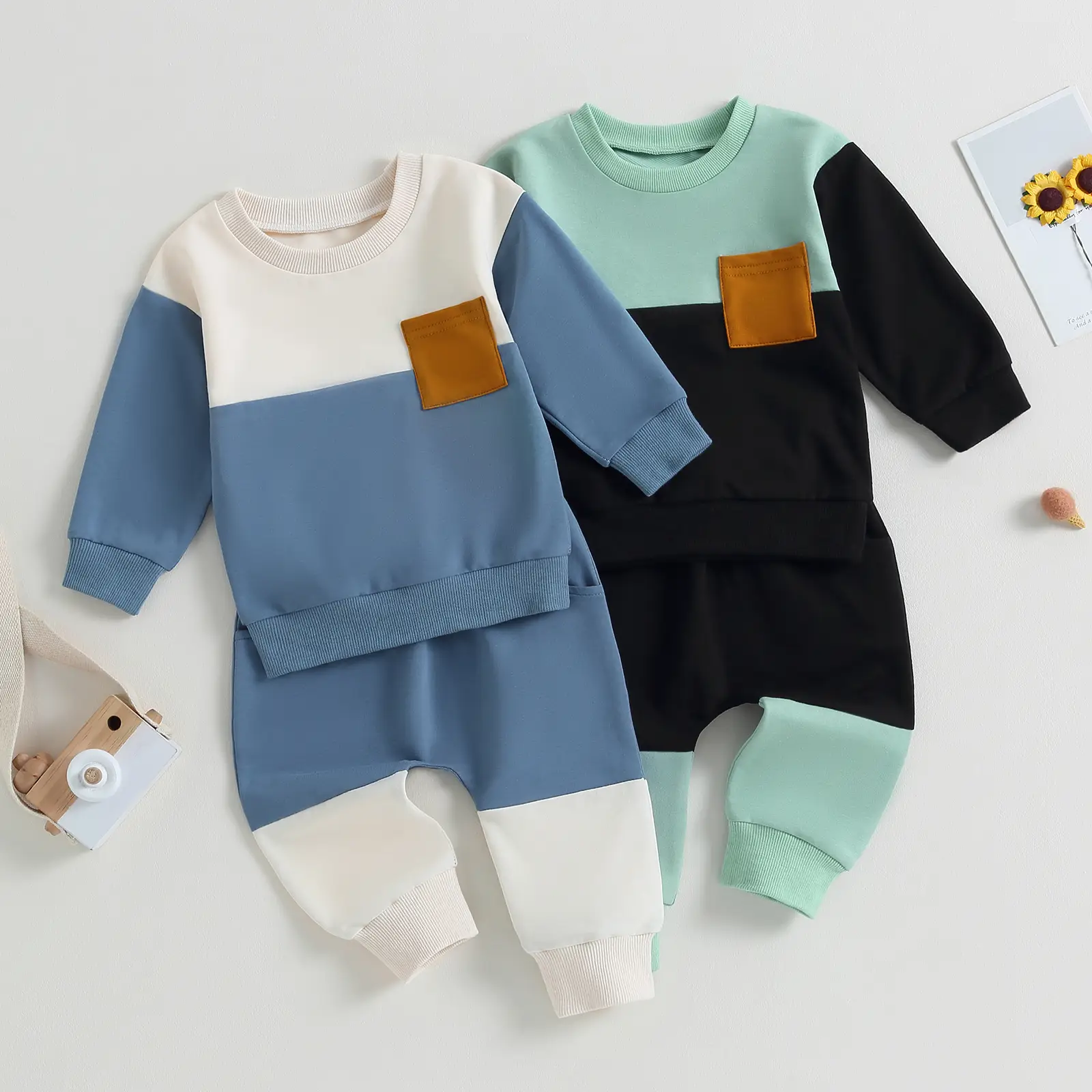 Toddler Baby Boy Fall Winter Clothes Color Block Long Sleeve Sweatshirt Pullovers + Joggers Pants Outfit Set