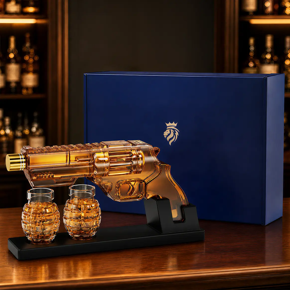 Kollea Whiskey Decanter Set with Luxury Gift Box,Grenade-Shaped Shot Bottles,Man Cave Bar Accessories,12.83oz Lead-Free Glass Decanter&Wooden Stand,Gifts for Men,Father,Husband,Boyfriend&Military Enthusiasts,Home Decor,Empty Decanter,No Alcohol Included