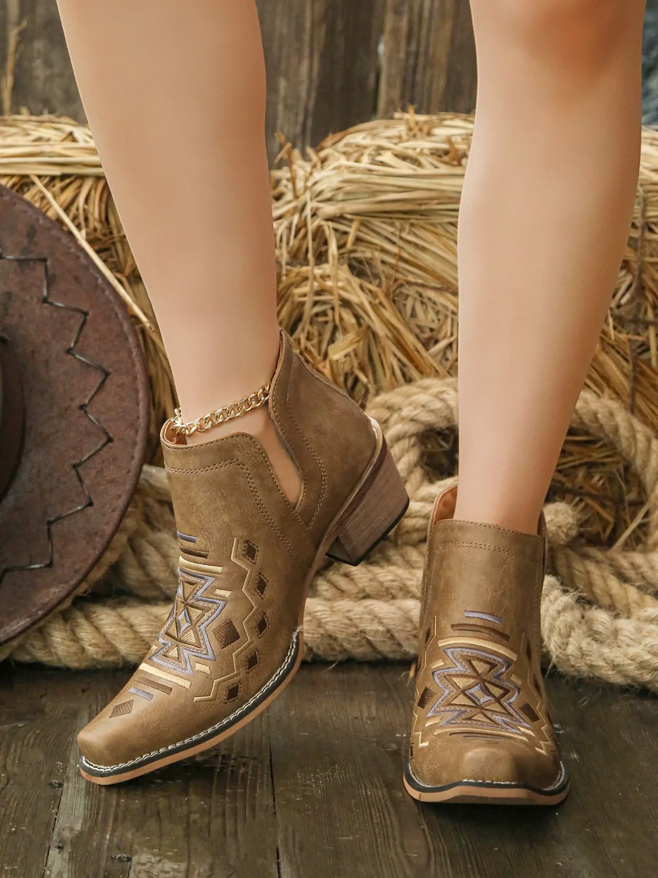 Women's Ethnic Embroidered Western Cowboy Boots, Hollow Out Side V-Neck Thick Heel Short Boots, Summer Daily Wear All-Scene Female Shoes Thick Heeled Boots, Western Inspired Boots, Western Fashion Boots, Western Style Boots, Brown