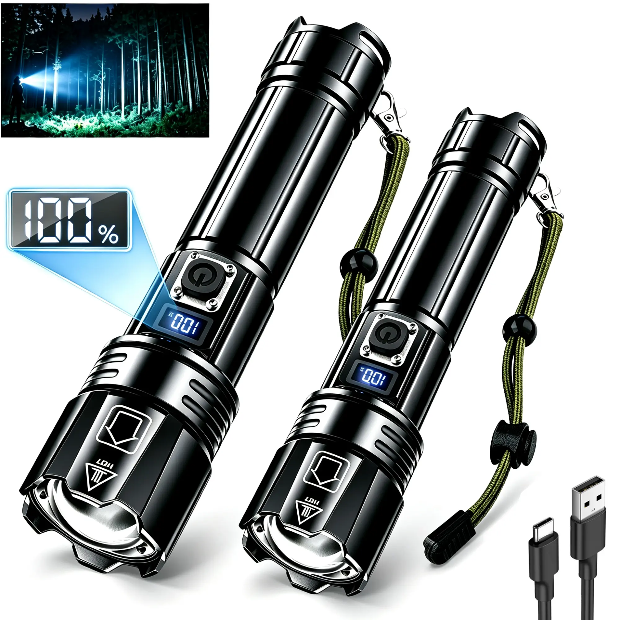AKNEAR Rechargeable LED Flashlight 99000 High Lumens, Ultra Bright Flashlight with Zoomable Focus, USB-C Rechargeable, 5 Lighting Modes & IPX7 Waterproof, Powerful Handheld Flash Light for Camping, Hiking, Home & Outdoor Use