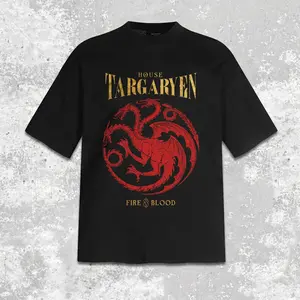 House Targaryen Fire And Blood T-Shirt, House Of The Dragon Targaryen Sigil Vintage 90s Bootleg Tee, Retro Gold Red Three Headed Dragon Fantasy TV Show Graphic Shirt, Rhaenyra Daemon Merch Fan Gift, Heavyweight Oversized Streetwear
