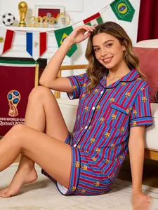 Women's World Cup Football Pajama Set Two-Piece Lapel Button Top and Shorts, Casual Homewear Comfortable Wear-Outside Sleepwear Short Sleeve Pjs