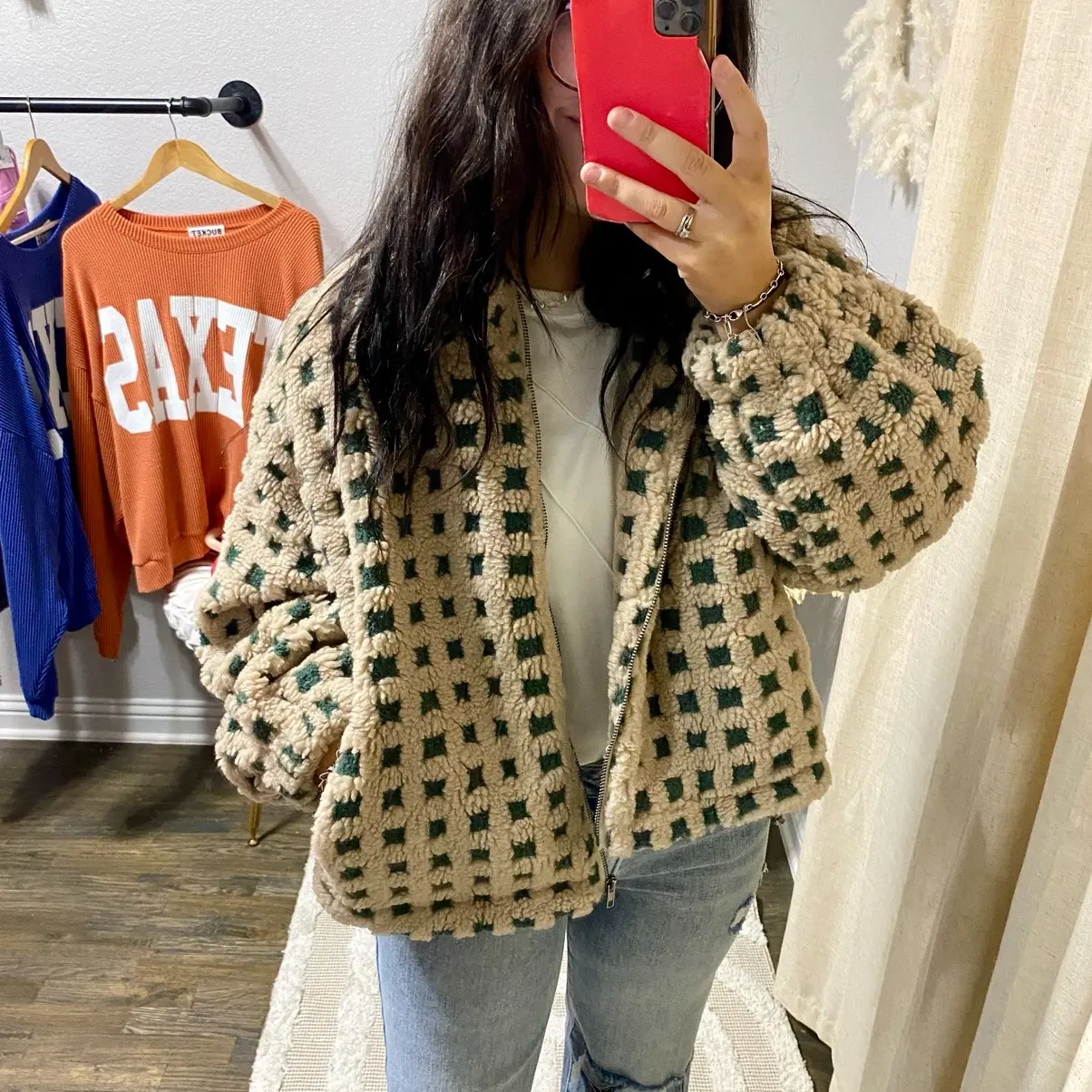 Women's Sherpa Gingham Zip Up Sweater - Pullover - Womenswear