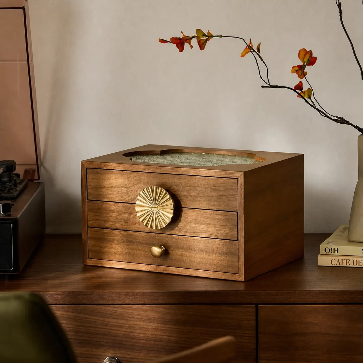 Glass Lid Walnut Jewelry Box – 3-Layer Wooden Organizer with Drawers & Metal Pulls